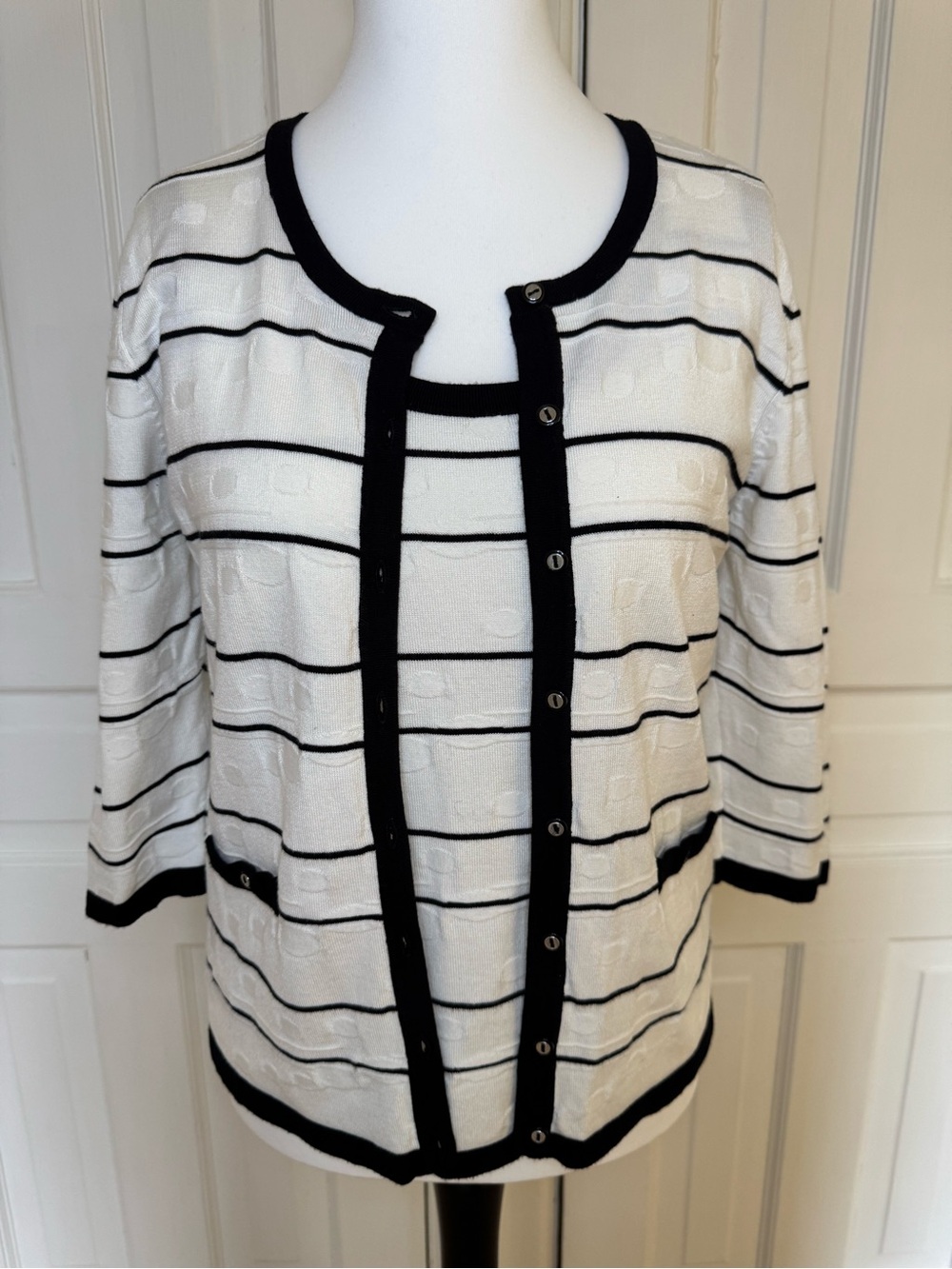 Women's Black & White Striped Knit Cardigan With Matching Tank